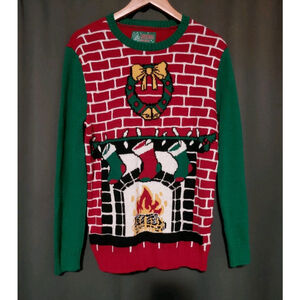 Ugly Christmas Sweater Fireplace Holiday Pullover Sweater Multi Size Medium